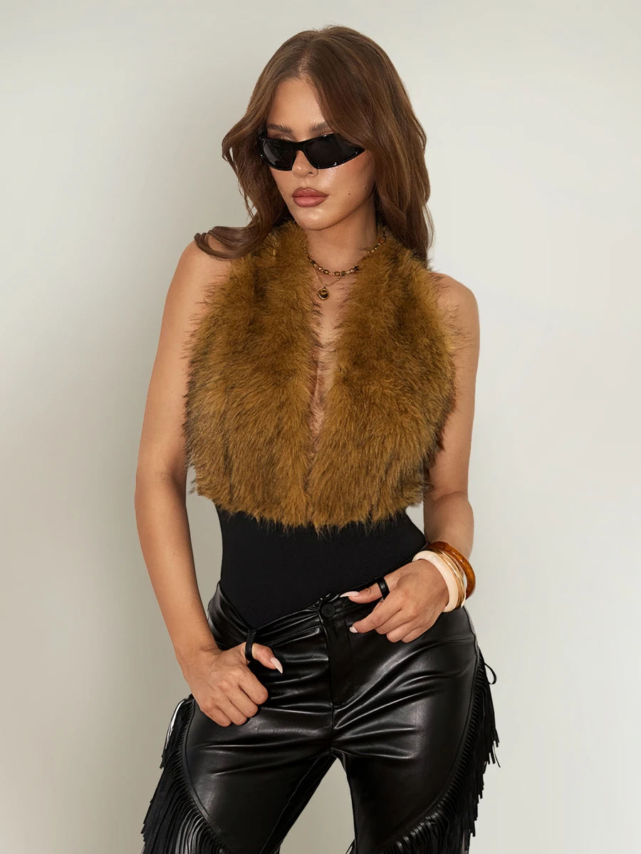 SHEIN ICON Women's Deep V-Neck Sleeveless Fur Collar Design Solid Color Fitted Backless Bodysuit - Multicolor - View 1