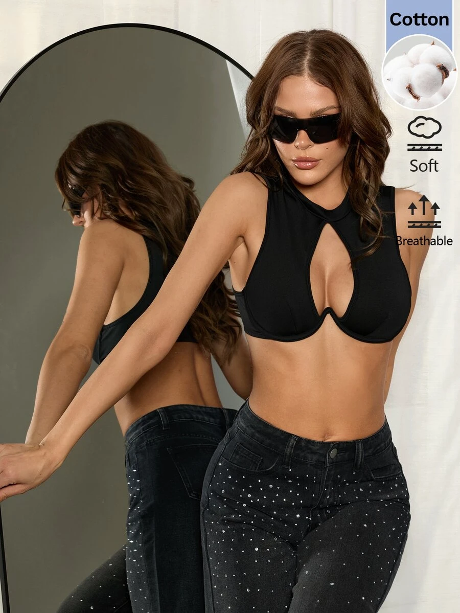 SHEIN ICON 女款純色鏤空休閒性感百搭日常穿著上衣 夜店外出黑色夏季 - 黑色 - 查看 1
