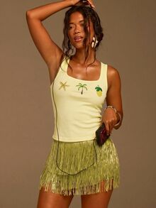 Athîral 女款休閒珠飾刺繡亮面白色上衣，白色背心 - 黃色 - 查看 5