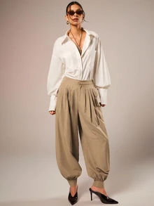 COSMINA Women's Solid Color Pleated Casual Versatile Daily Lantern Pants - Khaki - View 1