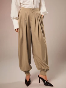 COSMINA Women's Solid Color Pleated Casual Versatile Daily Lantern Pants - Khaki - View 3