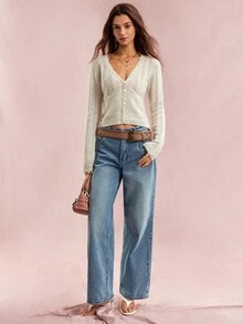 Willow Rêve Women's Lace Jacquard V-Neck Cinched Waist Pearl Button Beige Color Knit Cardigan Everyday Date Autumn French Coquette,Going Out Tops,Cardigan - Cream - View 3