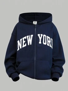 SHEIN 青少年女孩秋冬新款皇家藍字母印花保暖內裡休閒運動開襟連帽衛衣 - 寶藍色 - 查看 3