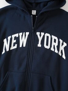 SHEIN 青少年女孩秋冬新款皇家藍字母印花保暖內裡休閒運動開襟連帽衛衣 - 寶藍色 - 查看 5