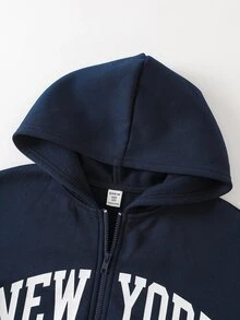 SHEIN 青少年女孩秋冬新款皇家藍字母印花保暖內裡休閒運動開襟連帽衛衣 - 寶藍色 - 查看 4