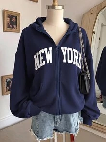 SHEIN 青少年女孩秋冬新款皇家藍字母印花保暖內裡休閒運動開襟連帽衛衣 - 寶藍色 - 查看 1