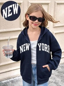 SHEIN 青少年女孩秋冬新款皇家藍字母印花保暖內裡休閒運動開襟連帽衛衣 - 寶藍色 - 查看 7
