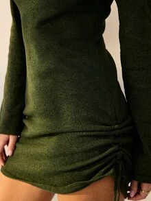 Aralina 女款橄欖綠羅紋針織迷你洋裝 喇叭袖圓領側抓皺貼身洋裝 夏季秋季冬季 外出約會度假派對夜店穿搭 - 墨綠色 - 查看 3