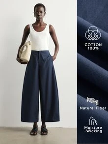 Aalyst Minimalist High-Waist Side Pocket Wide Leg Cropped Pants, Solid Color Draped Loose Fit Casual Commute Light Luxury Style Curved Wide Leg Trousers For Women - Navy Blue - View 4