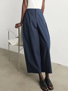 Aalyst Minimalist High-Waist Side Pocket Wide Leg Cropped Pants, Solid Color Draped Loose Fit Casual Commute Light Luxury Style Curved Wide Leg Trousers For Women - Navy Blue - View 6