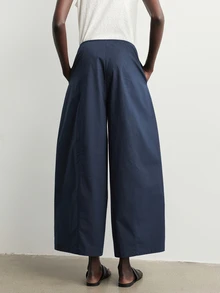 Aalyst Minimalist High-Waist Side Pocket Wide Leg Cropped Pants, Solid Color Draped Loose Fit Casual Commute Light Luxury Style Curved Wide Leg Trousers For Women - Navy Blue - View 3