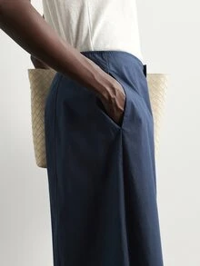 Aalyst Minimalist High-Waist Side Pocket Wide Leg Cropped Pants, Solid Color Draped Loose Fit Casual Commute Light Luxury Style Curved Wide Leg Trousers For Women - Navy Blue - View 5