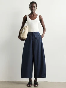 Aalyst Minimalist High-Waist Side Pocket Wide Leg Cropped Pants, Solid Color Draped Loose Fit Casual Commute Light Luxury Style Curved Wide Leg Trousers For Women - Navy Blue - View 7