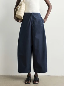 Aalyst Minimalist High-Waist Side Pocket Wide Leg Cropped Pants, Solid Color Draped Loose Fit Casual Commute Light Luxury Style Curved Wide Leg Trousers For Women - Navy Blue - View 2