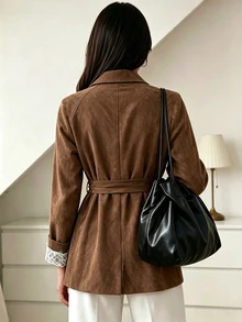 SHEIN Clasi Women's Contrast Lace Cuff Double-Breasted Elegant Jacket - Brown - View 2