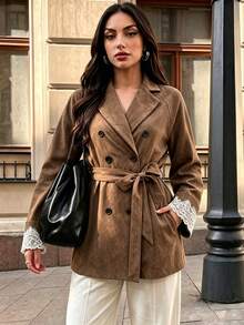 SHEIN Clasi Women's Contrast Lace Cuff Double-Breasted Elegant Jacket - Brown - View 3
