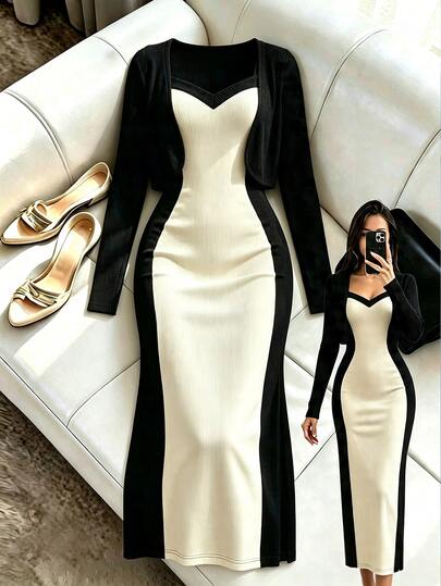 Elenzga New Elastic Knitted Ribbed Texture Long Sleeve Camisole & Side Slit Maxi Dress Set, Elegant Casual Slim Fit Tall & Slender Design, Commute Daily Party Women 2-Piece Set