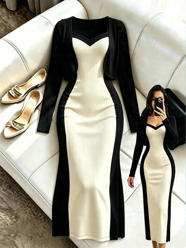 Elenzga New Elastic Knitted Ribbed Texture Long Sleeve Camisole & Side Slit Maxi Dress Set, Elegant Casual Slim Fit Tall & Slender Design, Commute Daily Party Women 2-Piece Set