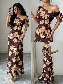 Elenzga 女款花卉印花露肩性感浪漫優雅洋裝，深棕色，適合早午餐、度假、夏季 - 咖啡 - 查看 4