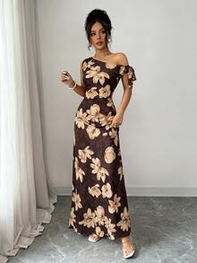 Elenzga 女款花卉印花露肩性感浪漫優雅洋裝，深棕色，適合早午餐、度假、夏季 - 咖啡 - 查看 5