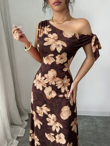 Elenzga 女款花卉印花露肩性感浪漫優雅洋裝，深棕色，適合早午餐、度假、夏季 - 咖啡 - 查看 3