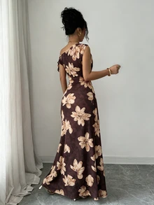 Elenzga 女款花卉印花露肩性感浪漫優雅洋裝，深棕色，適合早午餐、度假、夏季 - 咖啡 - 查看 2