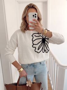 Louniche Women's Sporty Casual White Crew Neck Pullover Sweater With Exaggerated 3D Embroidered Floral Design, Preppy Style - Khaki - View 6