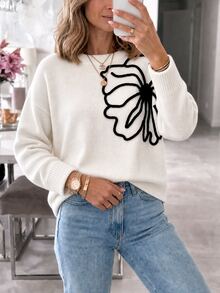 Louniche Women's Sporty Casual White Crew Neck Pullover Sweater With Exaggerated 3D Embroidered Floral Design, Preppy Style - Khaki - View 3