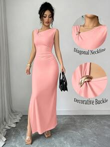 SHEIN Elenzya Summer New Elegant Sexy Asymmetric Design Ruched Cinched Waist Long Fitted Bodycon Dress With Coral Pink Decorative Buckle For Women Club Party - Pink - View 3