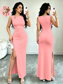 SHEIN Elenzya Summer New Elegant Sexy Asymmetric Design Ruched Cinched Waist Long Fitted Bodycon Dress With Coral Pink Decorative Buckle For Women Club Party - Pink - View 4