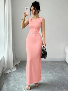 SHEIN Elenzya Summer New Elegant Sexy Asymmetric Design Ruched Cinched Waist Long Fitted Bodycon Dress With Coral Pink Decorative Buckle For Women Club Party - Pink - View 5