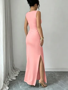 SHEIN Elenzya Summer New Elegant Sexy Asymmetric Design Ruched Cinched Waist Long Fitted Bodycon Dress With Coral Pink Decorative Buckle For Women Club Party - Pink - View 2