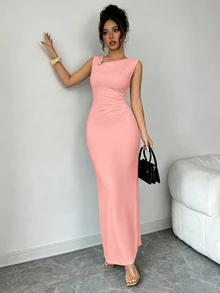 SHEIN Elenzya Summer New Elegant Sexy Asymmetric Design Ruched Cinched Waist Long Fitted Bodycon Dress With Coral Pink Decorative Buckle For Women Club Party - Pink - View 7