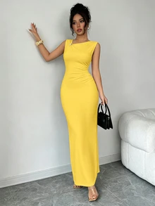 SHEIN Elenzya 夏季新款優雅不對稱設計抓皺收腰長版貼身洋裝，附金色裝飾扣，女款 - 黃色 - 查看 5