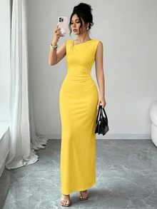 SHEIN Elenzya 夏季新款優雅不對稱設計抓皺收腰長版貼身洋裝，附金色裝飾扣，女款 - 黃色 - 查看 8