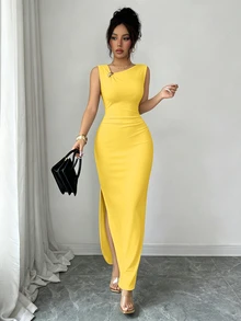 SHEIN Elenzya 夏季新款優雅不對稱設計抓皺收腰長版貼身洋裝，附金色裝飾扣，女款 - 黃色 - 查看 6