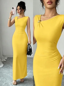 SHEIN Elenzya 夏季新款優雅不對稱設計抓皺收腰長版貼身洋裝，附金色裝飾扣，女款 - 黃色 - 查看 4