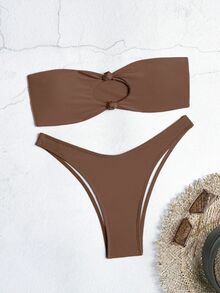 Oceva Ladies' Solid Color Wireless Bandeau Bra & Swim Bottom Bikini Set, Summer Beach Bathing Suit - Brown - View 2