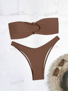 Oceva Ladies' Solid Color Wireless Bandeau Bra & Swim Bottom Bikini Set, Summer Beach Bathing Suit - Brown - View 3