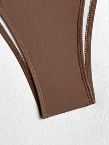 Oceva Ladies' Solid Color Wireless Bandeau Bra & Swim Bottom Bikini Set, Summer Beach Bathing Suit - Brown - View 6