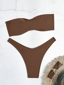 Oceva Ladies' Solid Color Wireless Bandeau Bra & Swim Bottom Bikini Set, Summer Beach Bathing Suit - Brown - View 4