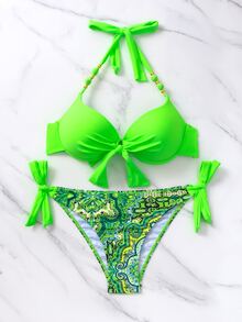 Swim Vcay Women Summer Beach Contrast Paisley Print Push Up Tie Side Neon Bikini Set - Multicolor - View 6