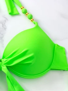 Swim Vcay Women Summer Beach Contrast Paisley Print Push Up Tie Side Neon Bikini Set - Multicolor - View 7