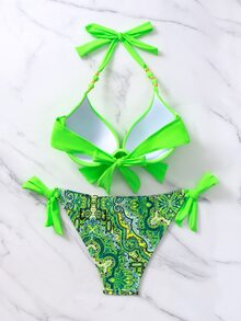 Swim Vcay Women Summer Beach Contrast Paisley Print Push Up Tie Side Neon Bikini Set - Multicolor - View 5
