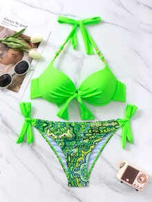 Swim Vcay Women Summer Beach Contrast Paisley Print Push Up Tie Side Neon Bikini Set - Multicolor - View 4