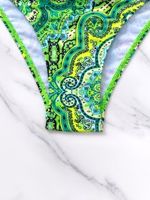 Swim Vcay Women Summer Beach Contrast Paisley Print Push Up Tie Side Neon Bikini Set - Multicolor - View 8