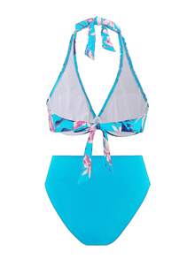 Swim Lushoire 女士夏季海滩度假热带印花上衣扭结露背吊带分体比基尼套装 - 藍色 - 查看 3