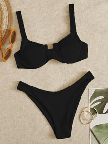 Elavelle Summer Beach Rib Bikini Set Underwire Bra & High Cut Bottom 2 Piece Bathing Suit - Black - View 5