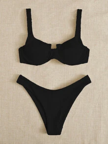 Elavelle Summer Beach Rib Bikini Set Underwire Bra & High Cut Bottom 2 Piece Bathing Suit - Black - View 8