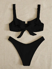 Elavelle Summer Beach Rib Bikini Set Underwire Bra & High Cut Bottom 2 Piece Bathing Suit - Black - View 6